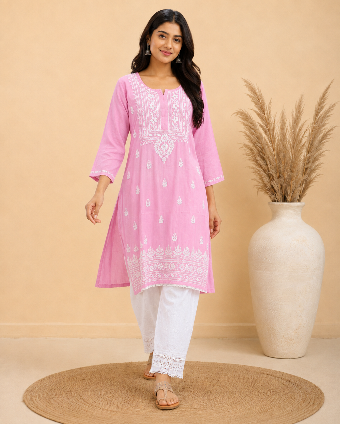 Rose Pink Rayon Lucknowi Chikankari Kurti for Women – Handmade White Embroidery
