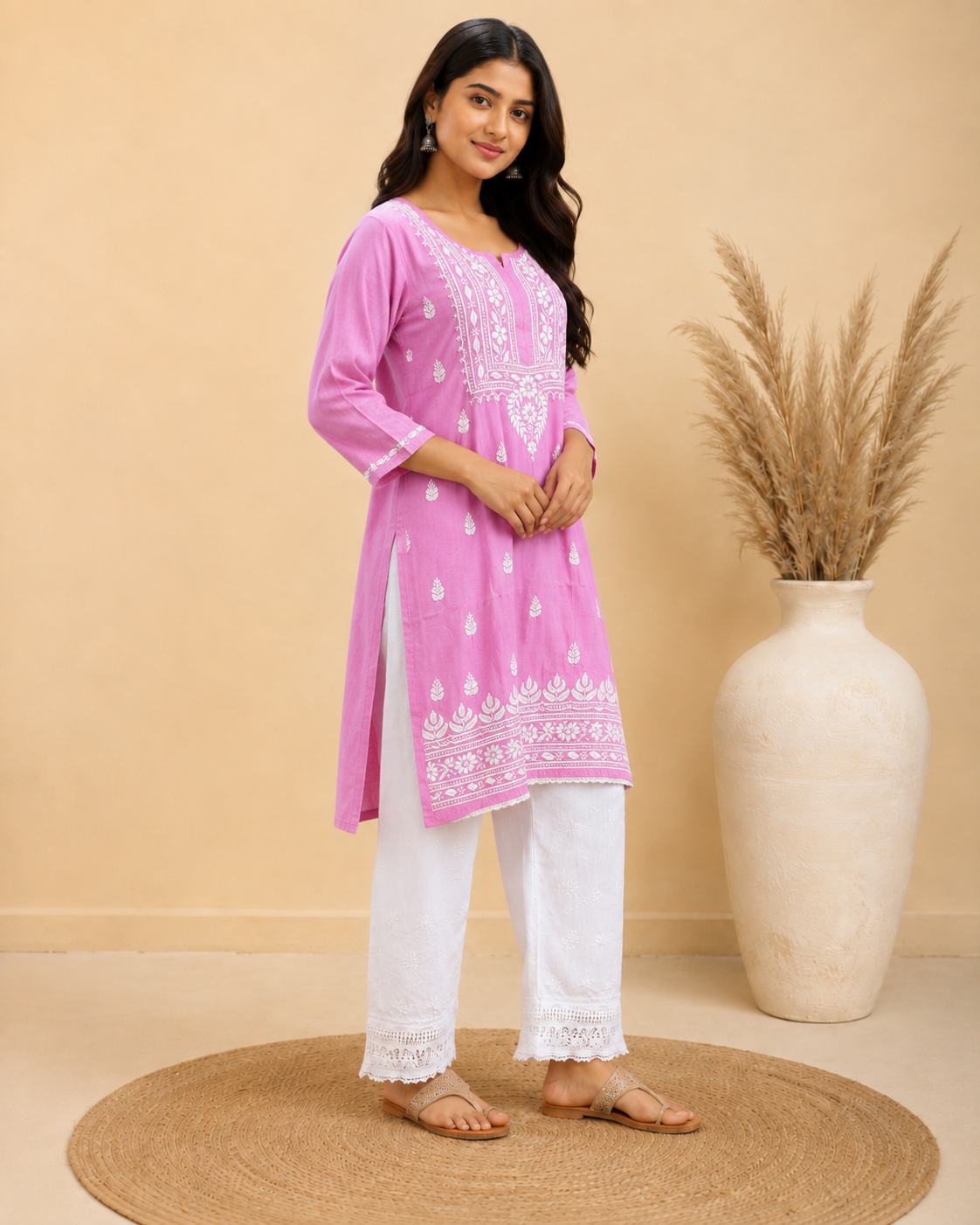 Rose Pink Rayon Lucknowi Chikankari Kurti for Women – Handmade White Embroidery