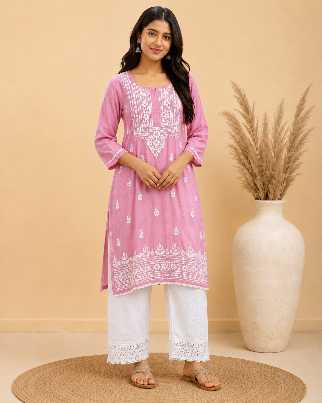 Rose Pink Rayon Lucknowi Chikankari Kurti for Women – Handmade White Embroidery