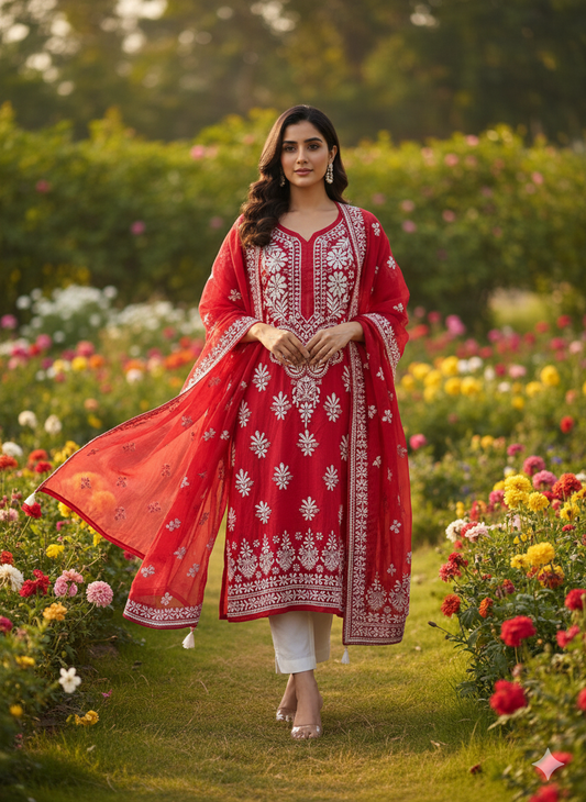 "Red Modal Chikankari Kurti with White Hand Embroidery | Elegant Lucknowi Ethnic Wear for Women"