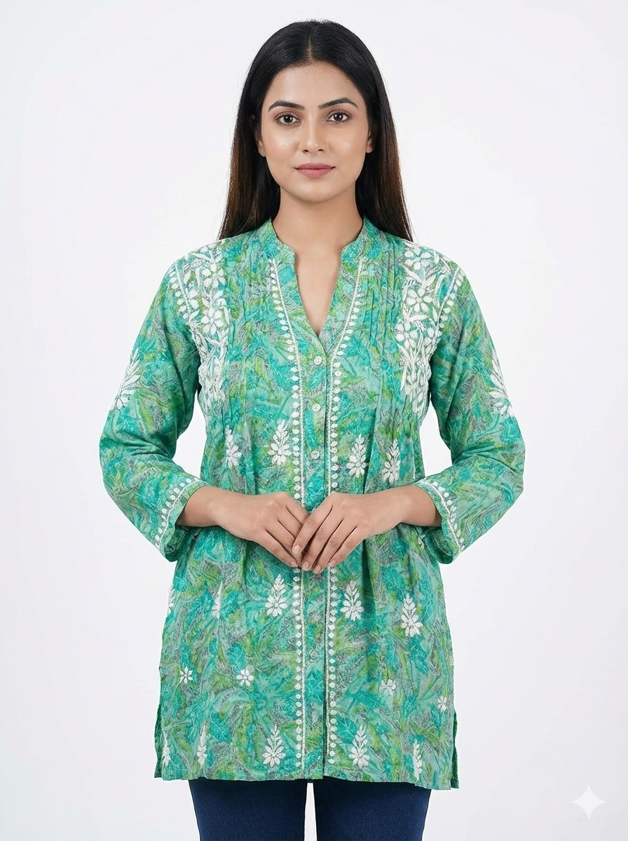 Lucknow Best Chikankari Printed Rayon Short Kurti | Hand-Embroidered Shirt Style Kurti for Women
