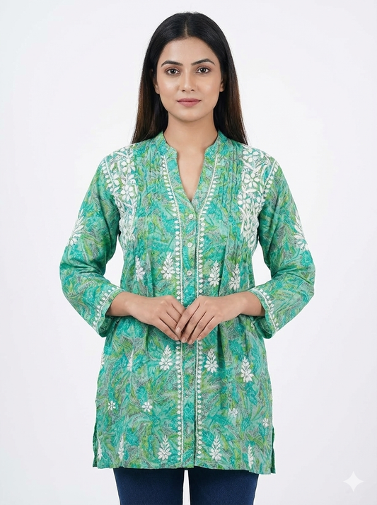Printed rayon short Chikankari kurti embroidery close up