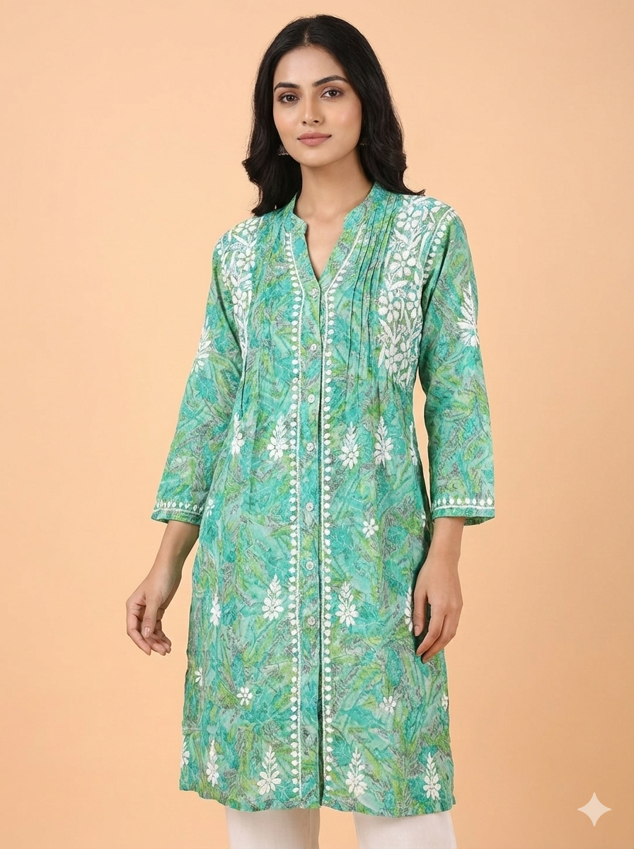 Lucknow Best Chikankari Printed Rayon Short Kurti | Hand-Embroidered Shirt Style Kurti for Women