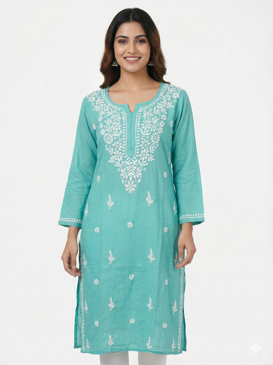 Aqua green rayon Chikankari kurti front view