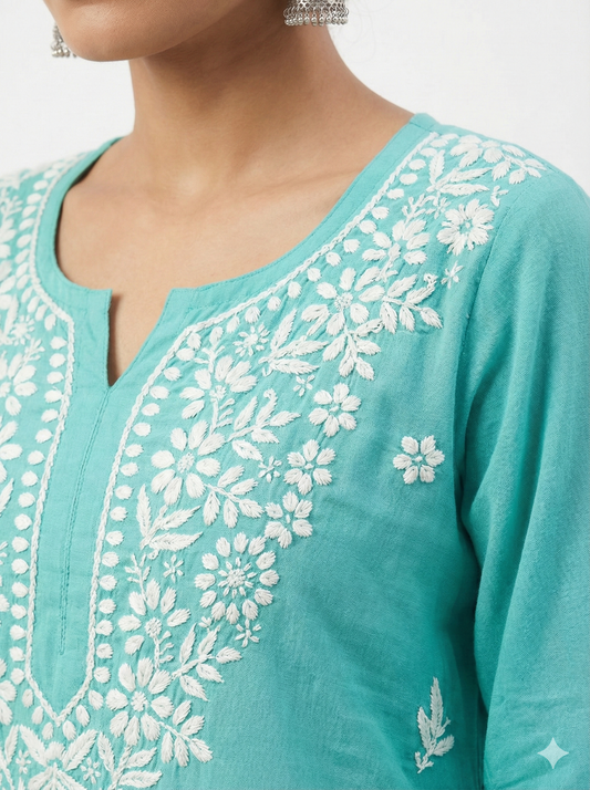 Aqua green rayon Chikankari kurti embroidery close up
