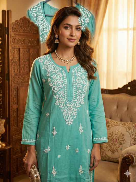 Aqua Green Rayon Chikankari Kurti for Women | Hand Embroidered Lucknowi Kurta – Lucknow Best Chikankari