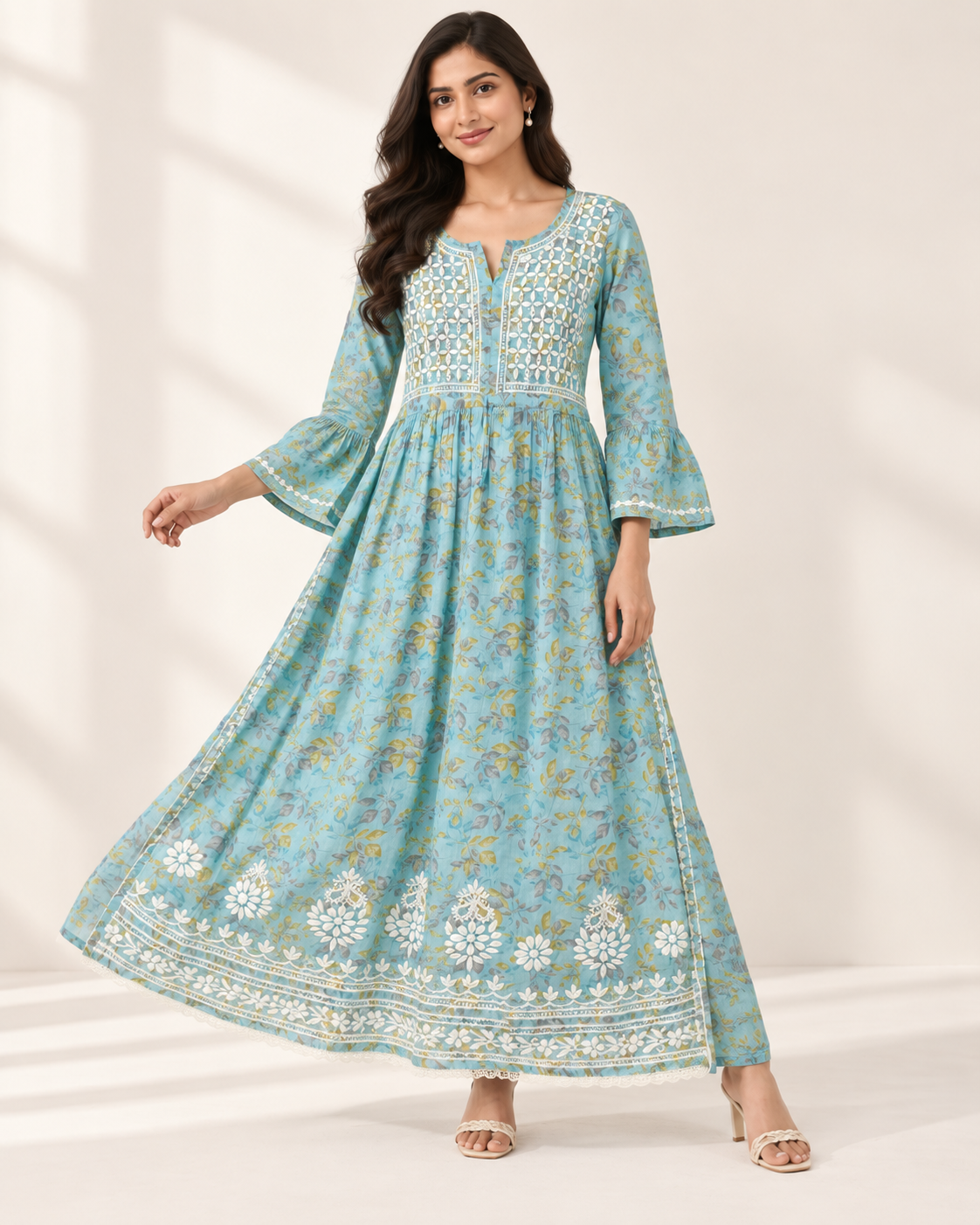 Sky Blue Floral Malmal Chikankari Gown-Style Long Kurti