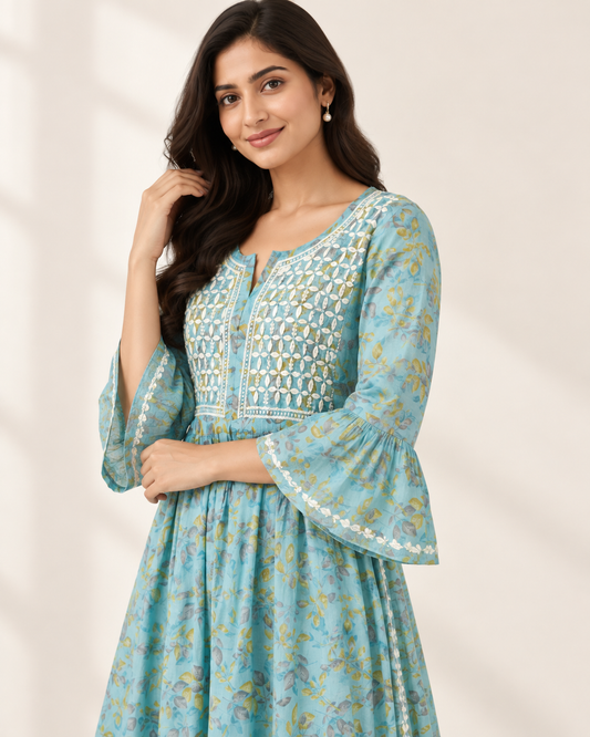 Sky Blue Floral Malmal Chikankari Gown-Style Long Kurti