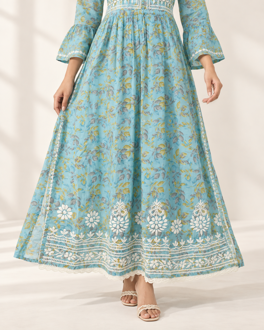 Sky Blue Floral Malmal Chikankari Gown-Style Long Kurti