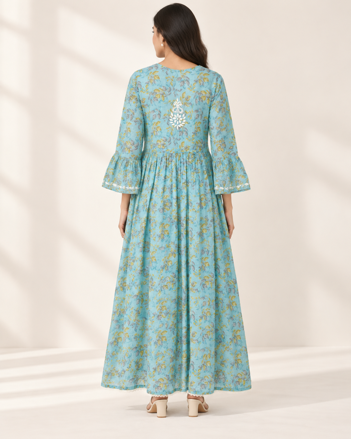Sky Blue Floral Malmal Chikankari Gown-Style Long Kurti