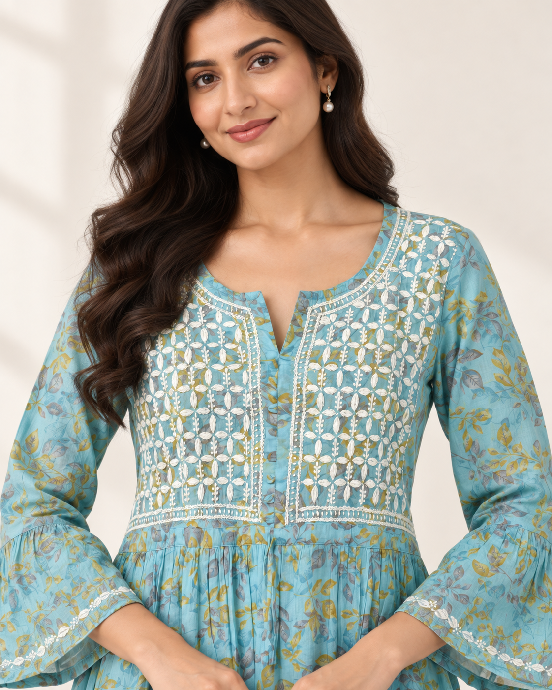 Sky Blue Floral Malmal Chikankari Gown-Style Long Kurti