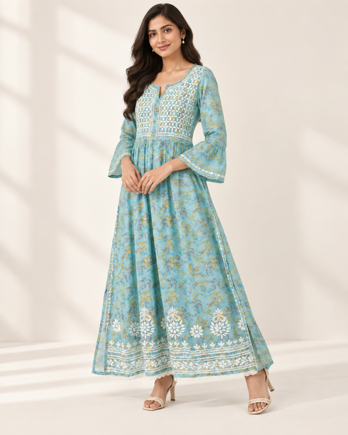 Sky Blue Floral Malmal Chikankari Gown-Style Long Kurti