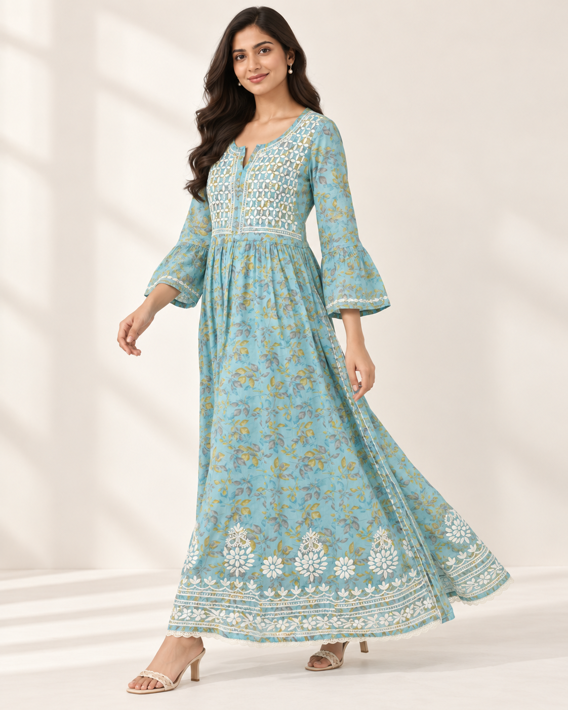 Sky Blue Floral Malmal Chikankari Gown-Style Long Kurti