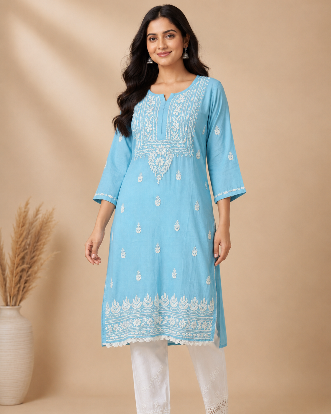 Sky Blue Lucknowi Chikankari Kurti for Women – Handmade White Embroidery
