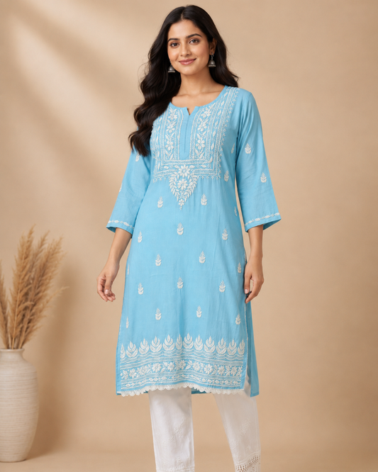 Sky Blue Lucknowi Chikankari Kurti for Women – Handmade White Embroidery