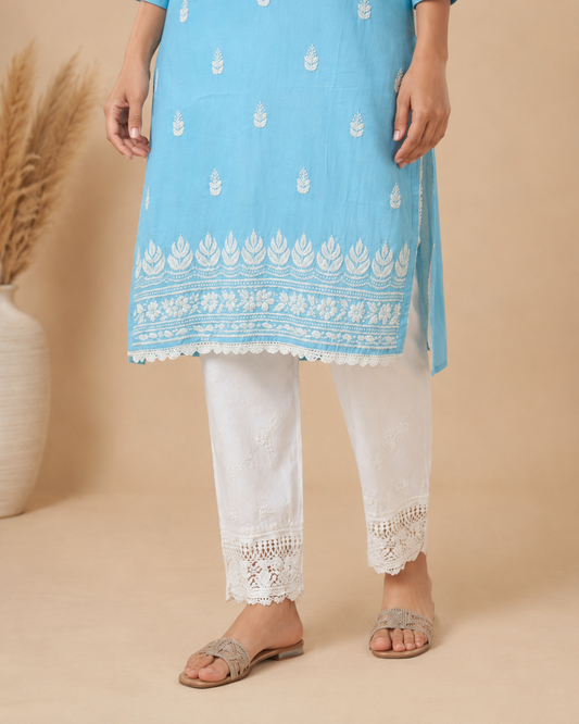 Sky Blue Lucknowi Chikankari Kurti for Women – Handmade White Embroidery