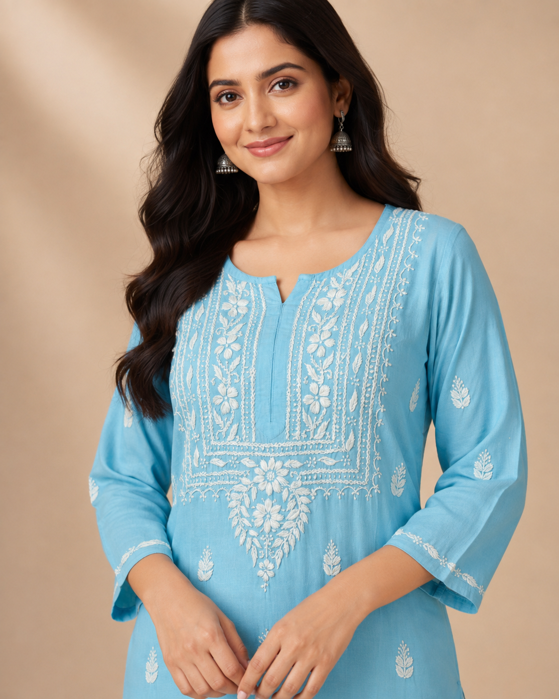 Sky Blue Lucknowi Chikankari Kurti for Women – Handmade White Embroidery
