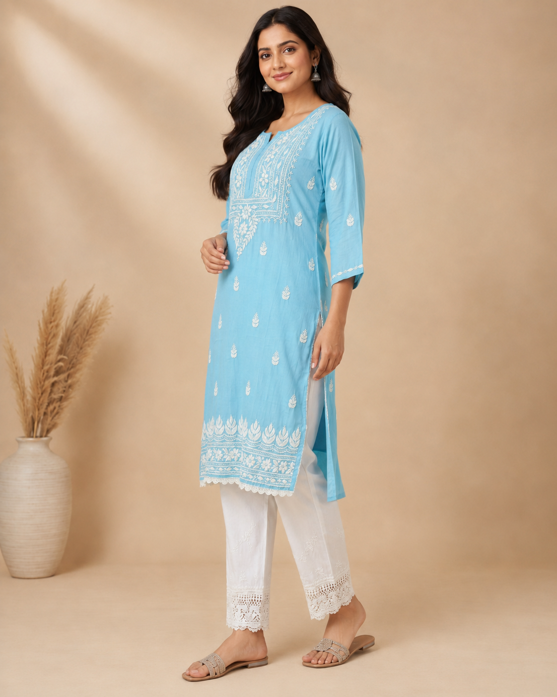 Sky Blue Lucknowi Chikankari Kurti for Women – Handmade White Embroidery