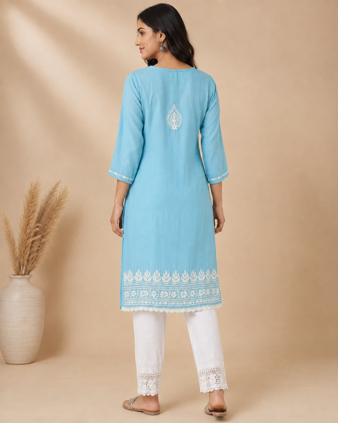 Sky Blue Lucknowi Chikankari Kurti for Women – Handmade White Embroidery