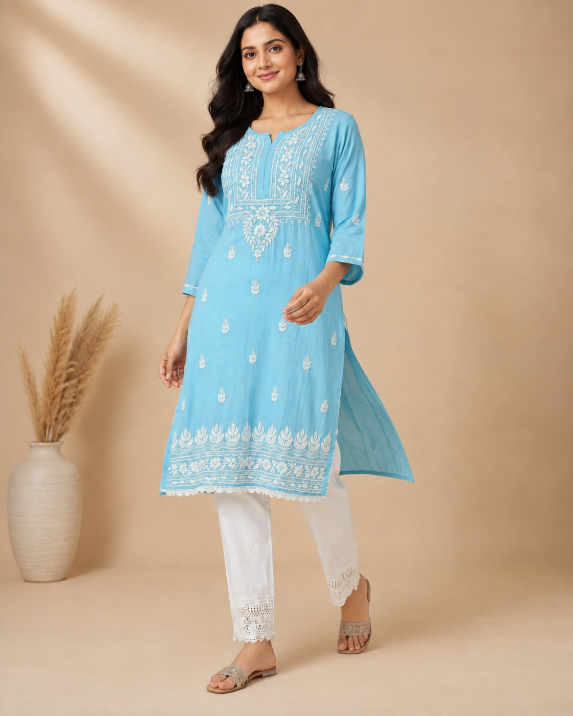 Sky Blue Lucknowi Chikankari Kurti for Women – Handmade White Embroidery