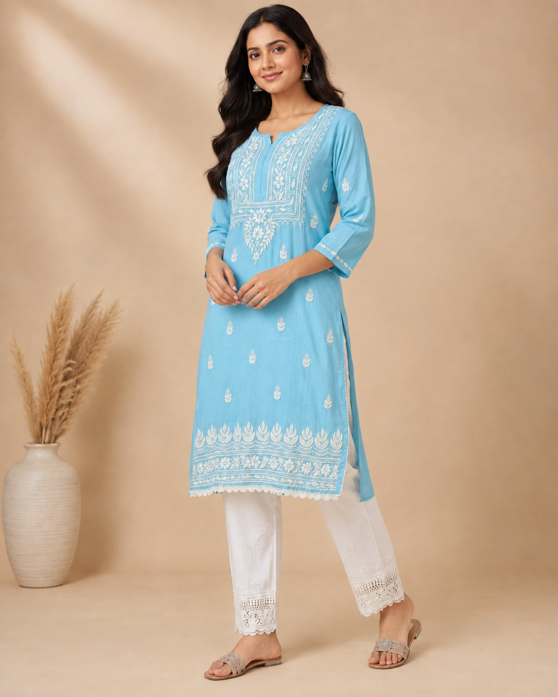 Sky Blue Lucknowi Chikankari Kurti for Women – Handmade White Embroidery
