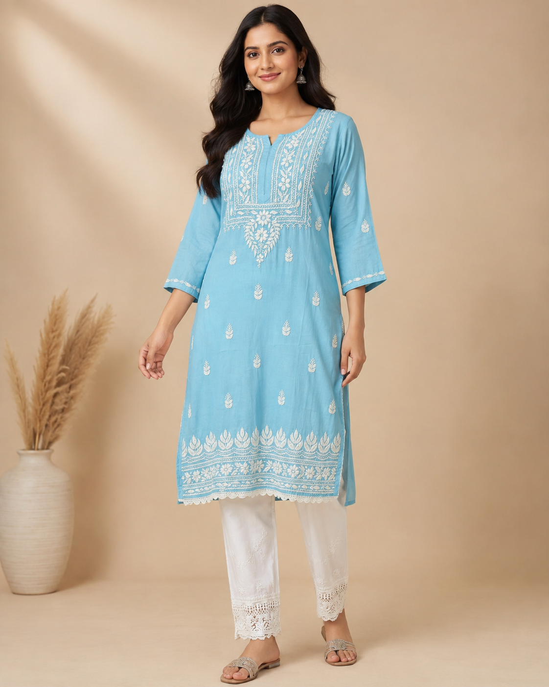 Sky Blue Lucknowi Chikankari Kurti for Women – Handmade White Embroidery