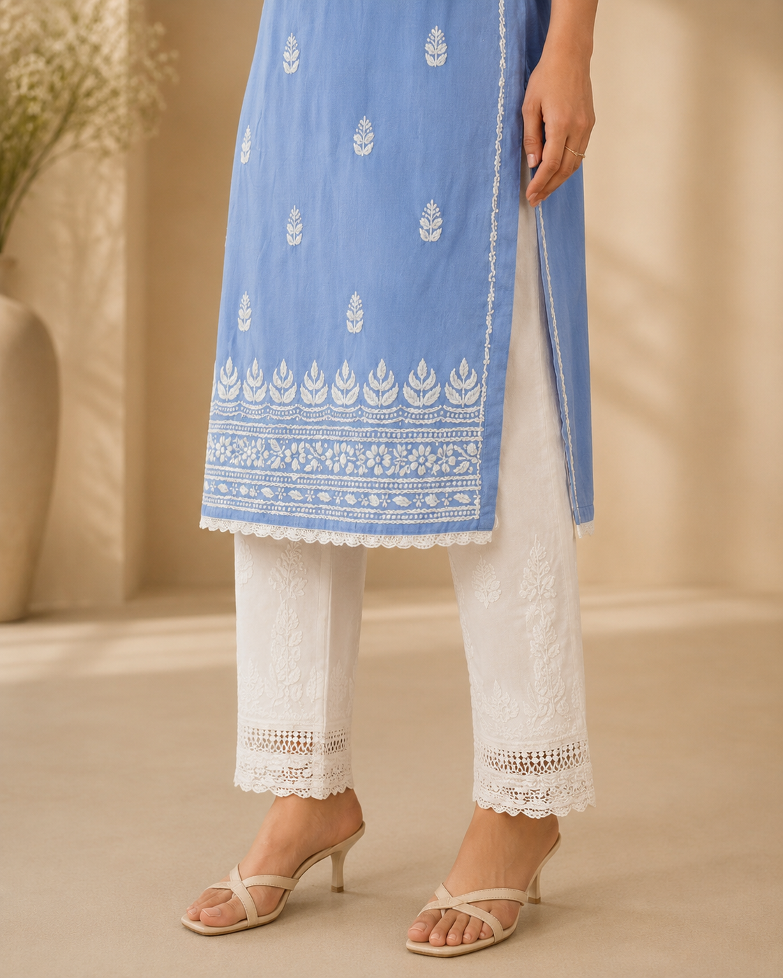 Sky Blue Rayon Lucknowi Chikankari Kurti for Women – Handmade White Embroidery