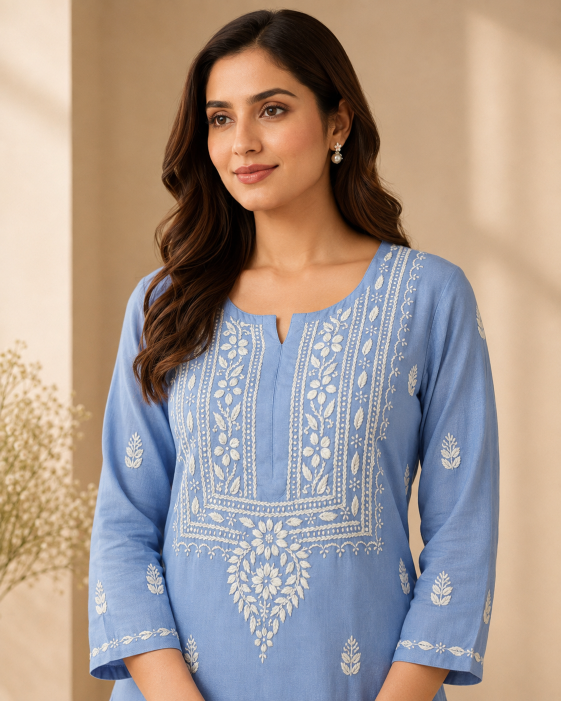 Sky Blue Rayon Lucknowi Chikankari Kurti for Women – Handmade White Embroidery