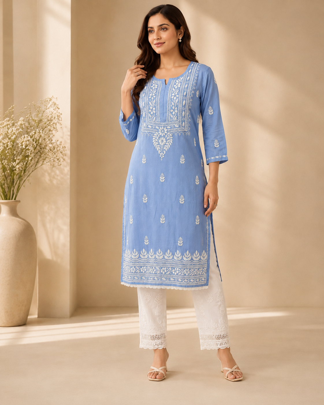 Sky Blue Rayon Lucknowi Chikankari Kurti for Women – Handmade White Embroidery