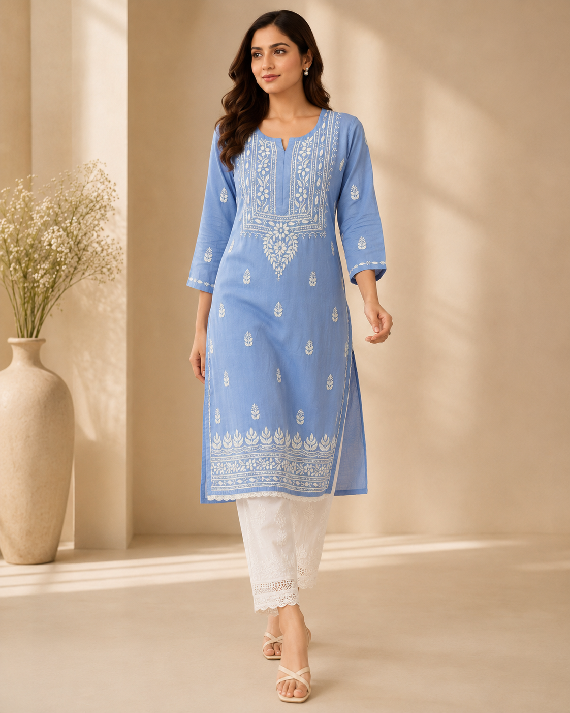 Sky Blue Rayon Lucknowi Chikankari Kurti for Women – Handmade White Embroidery