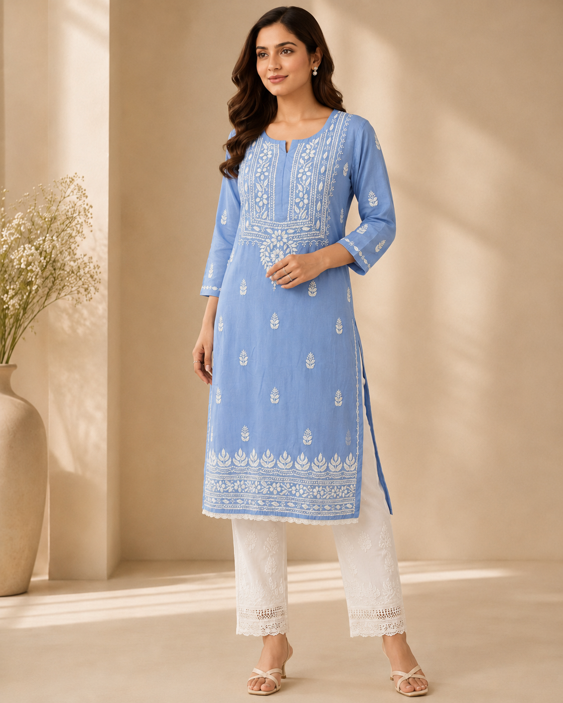 Sky Blue Rayon Lucknowi Chikankari Kurti for Women – Handmade White Embroidery