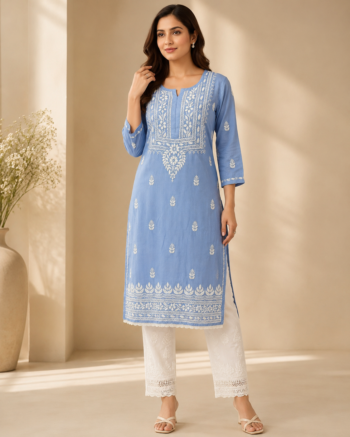 Sky Blue Rayon Lucknowi Chikankari Kurti for Women – Handmade White Embroidery