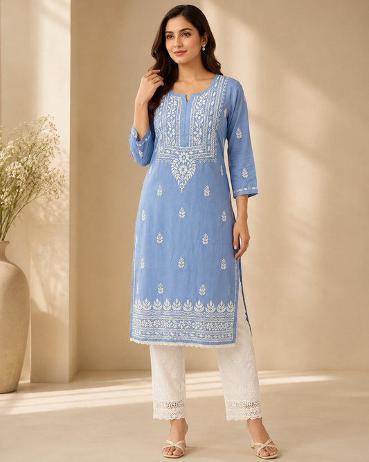 Sky Blue Rayon Lucknowi Chikankari Kurti for Women – Handmade White Embroidery