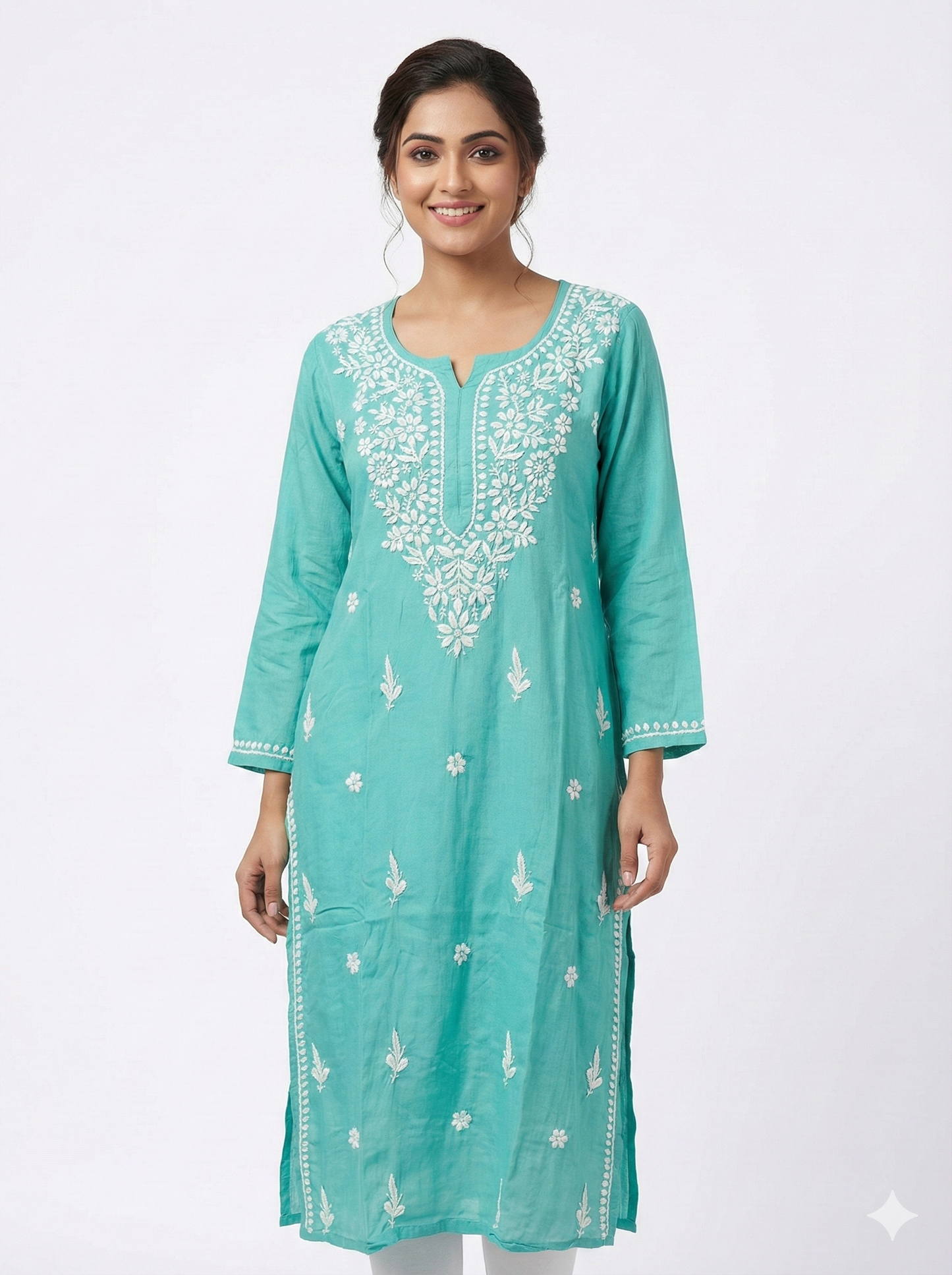 Sky Blue Rayon Chikankari Kurti for Women | Hand Embroidered Lucknowi Kurta – Lucknow Best Chikankari