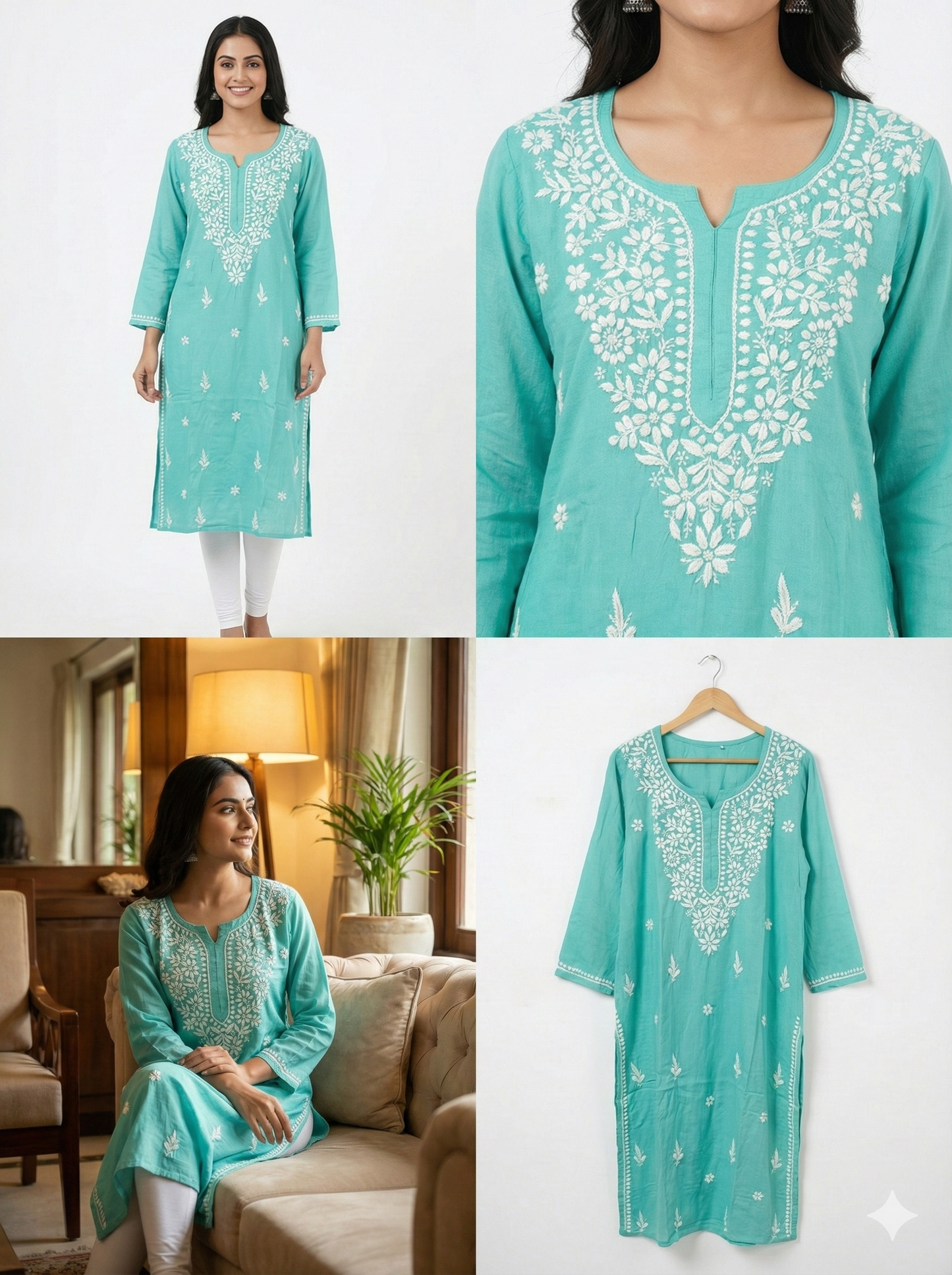Sky Blue Rayon Chikankari Kurti for Women | Hand Embroidered Lucknowi Kurta – Lucknow Best Chikankari