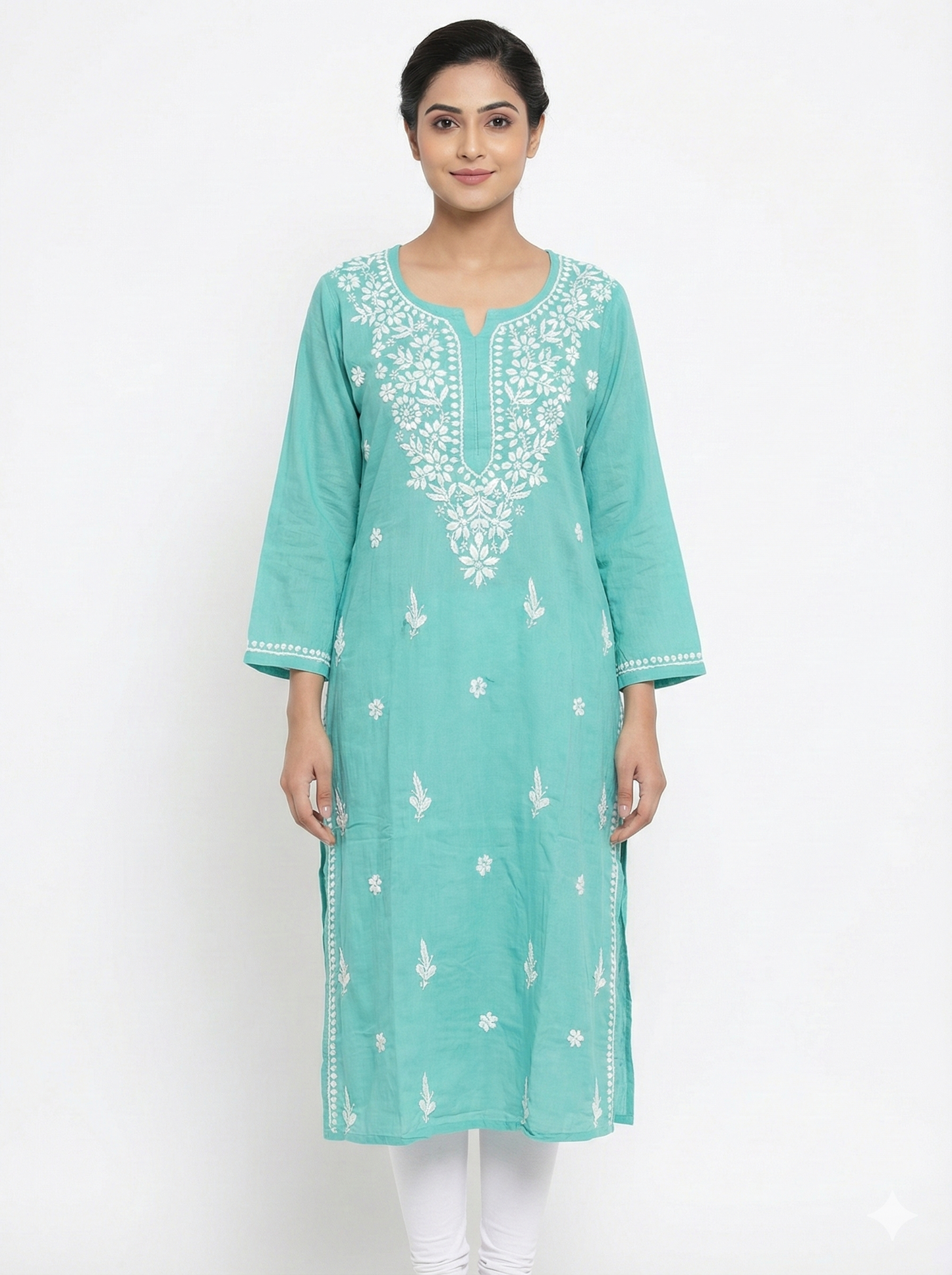 Sky Blue Rayon Chikankari Kurti for Women | Hand Embroidered Lucknowi Kurta – Lucknow Best Chikankari