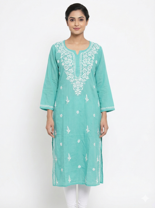 Sky Blue Rayon Chikankari Kurti for Women | Hand Embroidered Lucknowi Kurta – Lucknow Best Chikankari