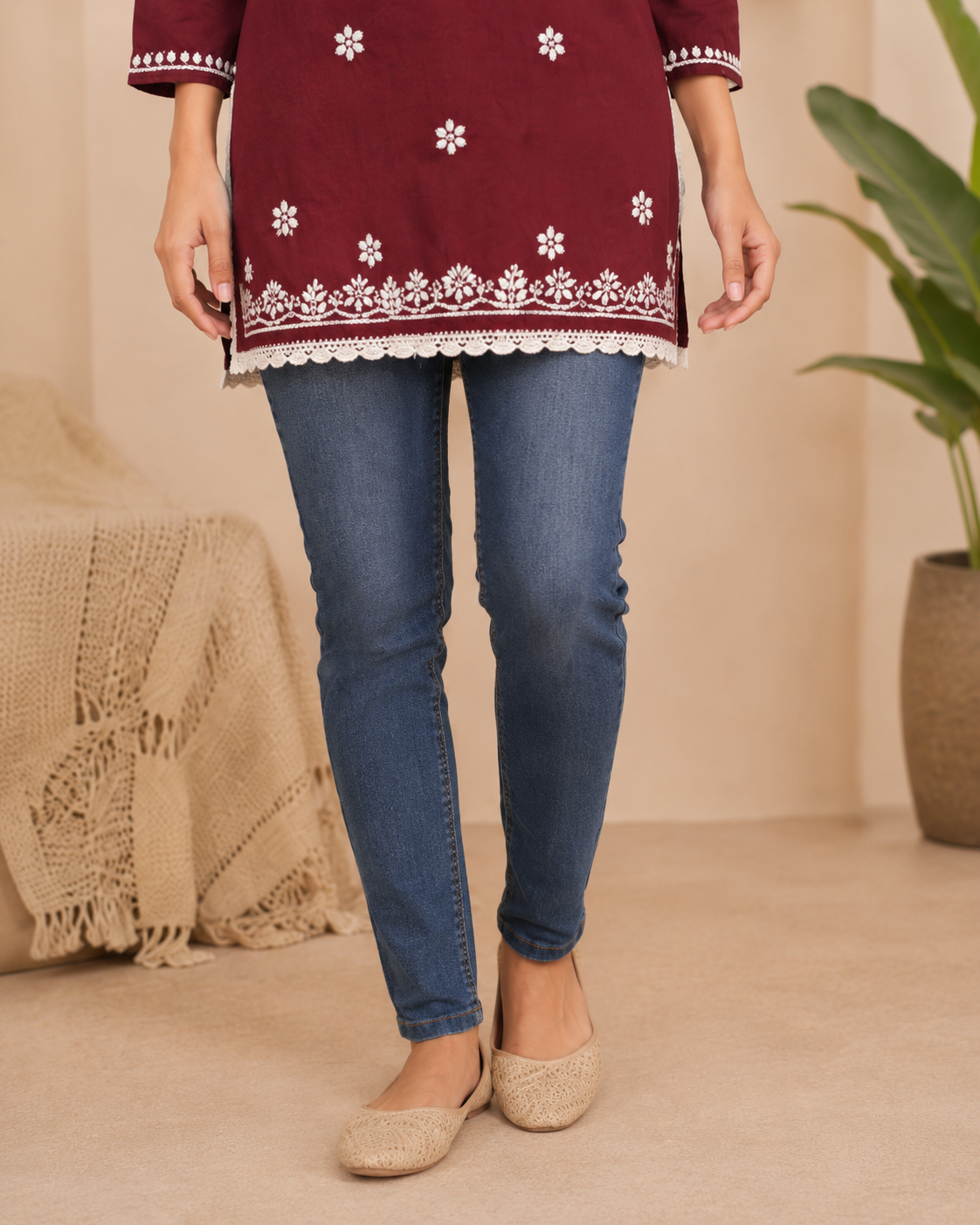Soft Modal Maroon Hand-Embroidered Chikankari Short Kurti