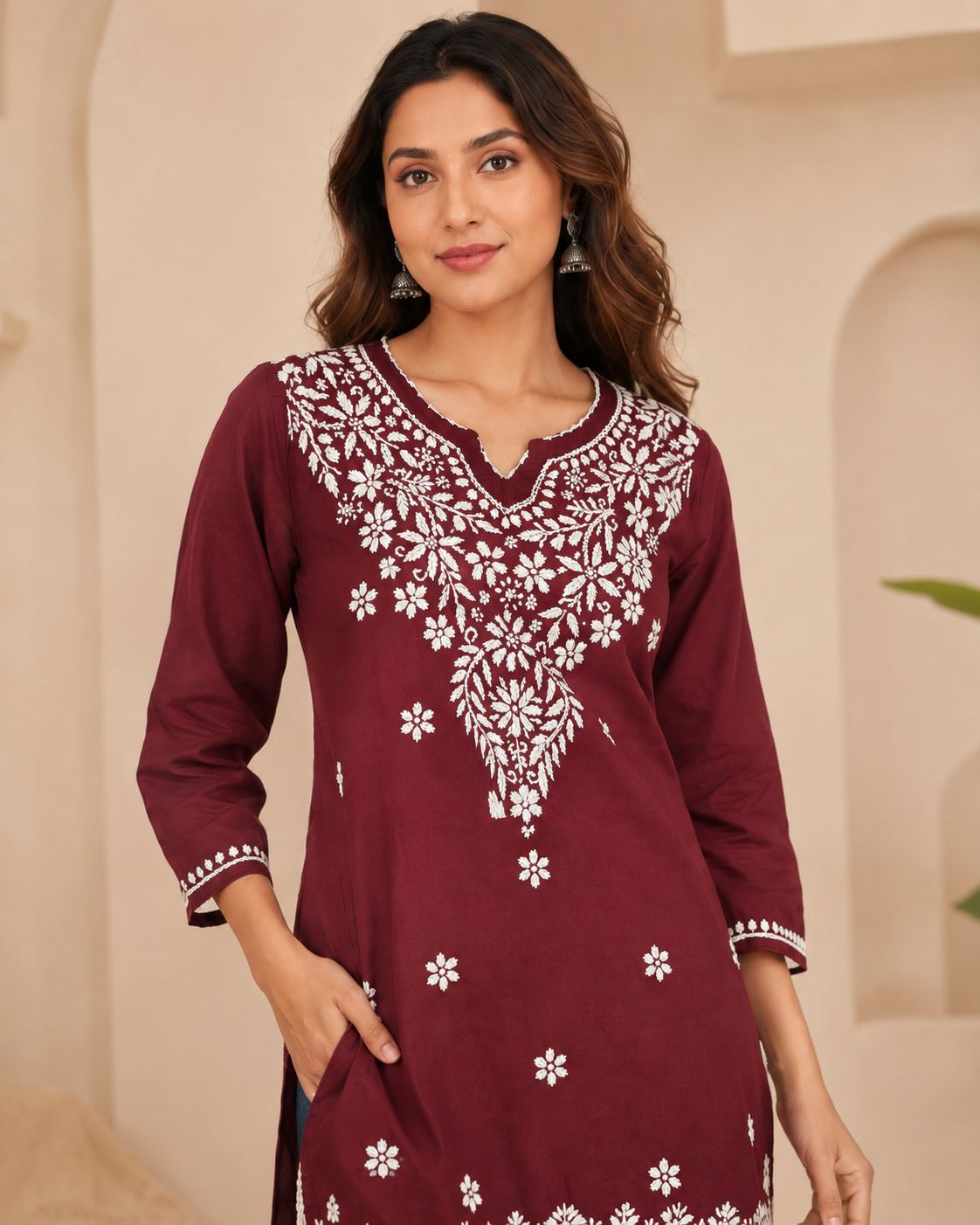 Soft Modal Maroon Hand-Embroidered Chikankari Short Kurti