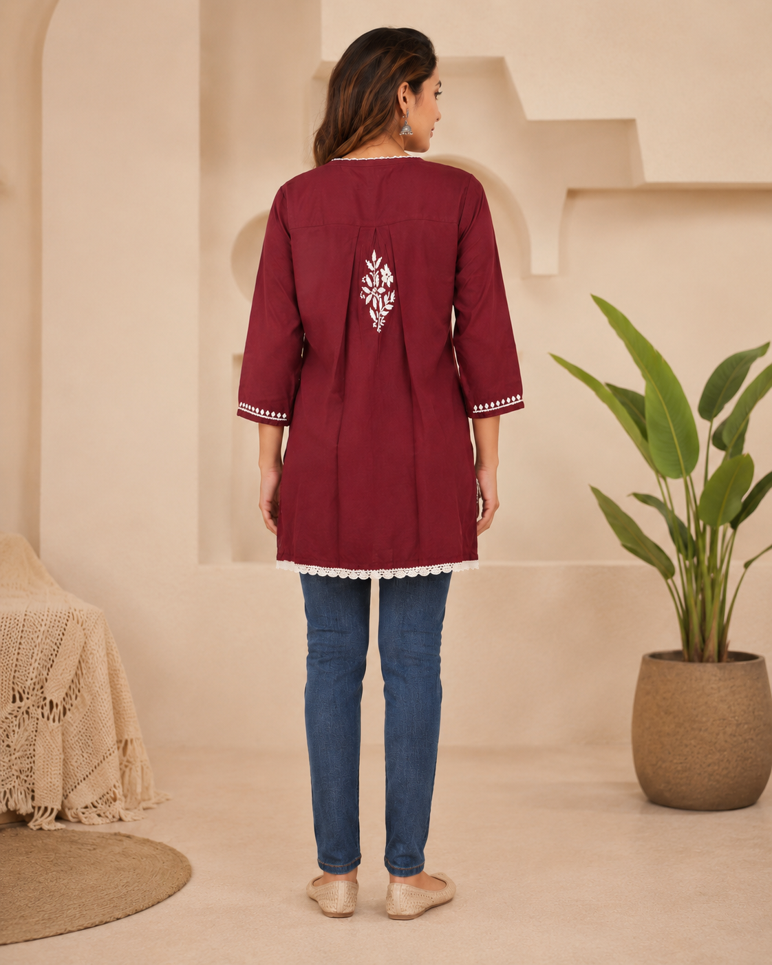 Soft Modal Maroon Hand-Embroidered Chikankari Short Kurti