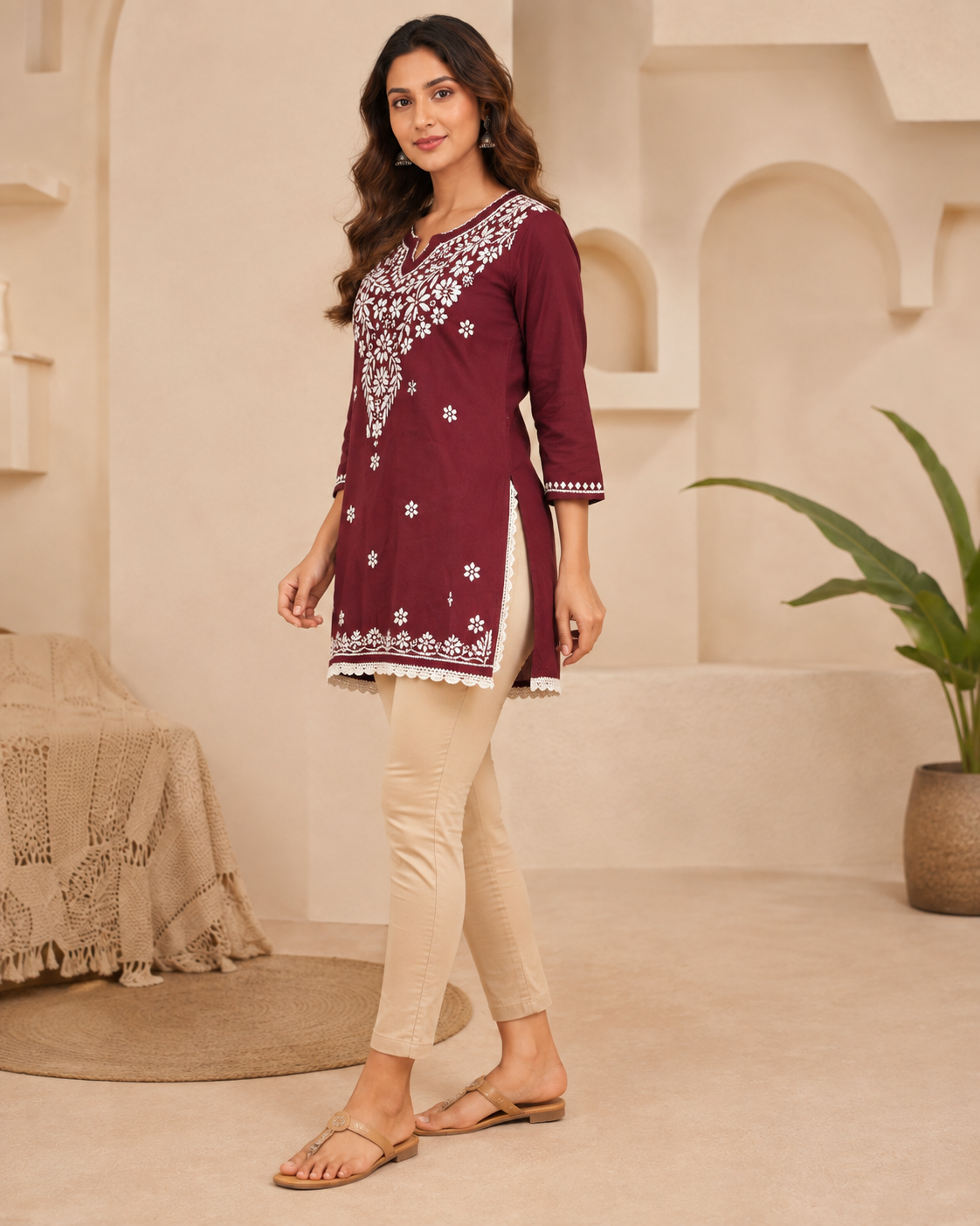 Soft Modal Maroon Hand-Embroidered Chikankari Short Kurti