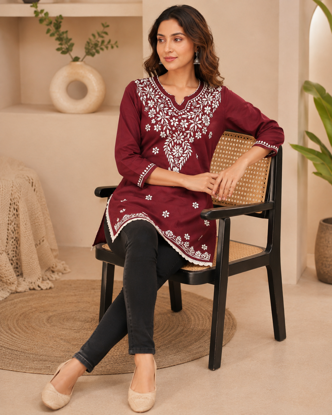 Soft Modal Maroon Hand-Embroidered Chikankari Short Kurti