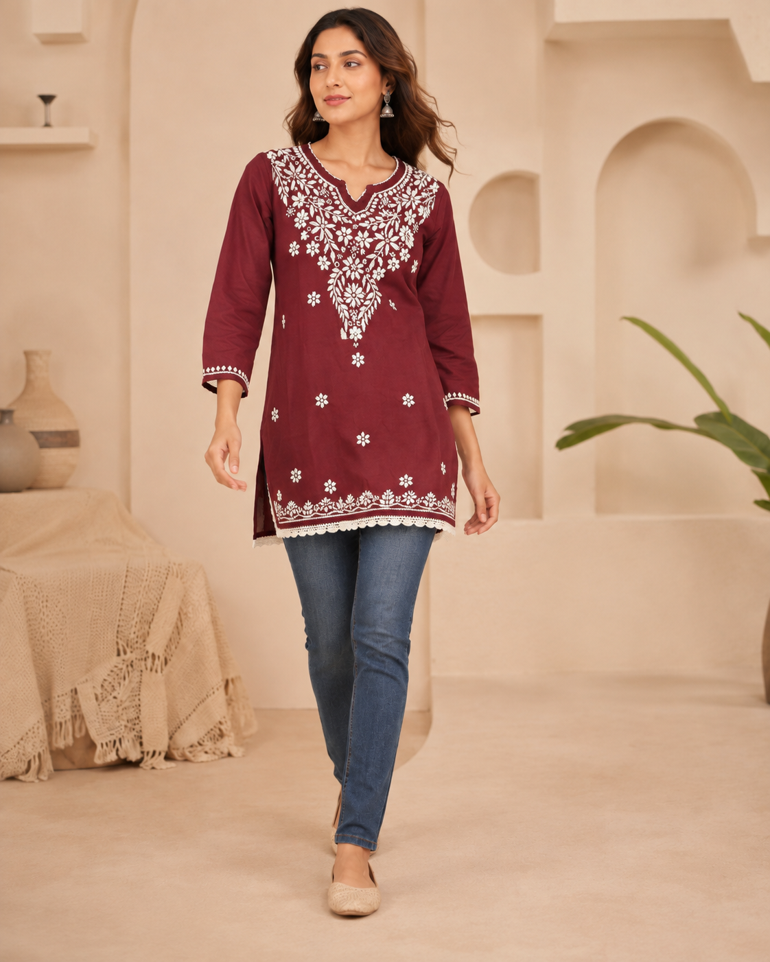 Soft Modal Maroon Hand-Embroidered Chikankari Short Kurti