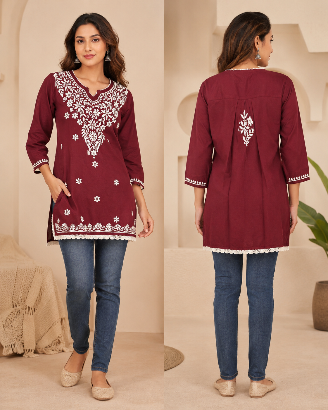 Soft Modal Maroon Hand-Embroidered Chikankari Short Kurti