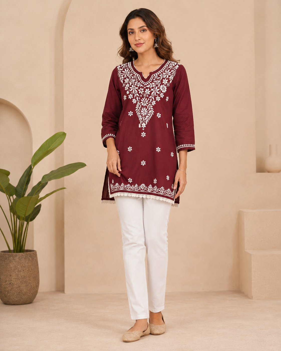 Soft Modal Maroon Hand-Embroidered Chikankari Short Kurti