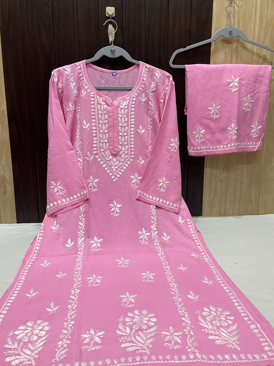"Pink Embroidered Kurta Set – Elegant Detailing on a Neutral Canvas"
