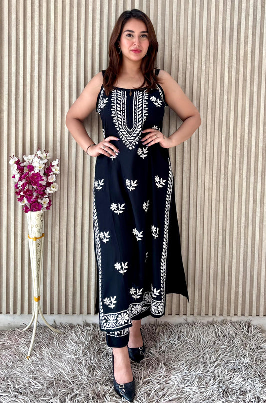 Black Sleeveless Lucknowi Chikankari Kurta Set – Handcrafted Elegance