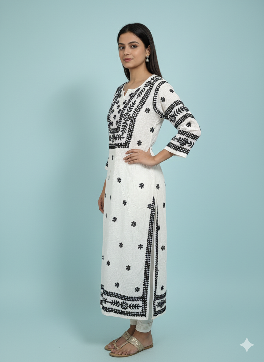 "White Cotton Chikankari Kurti with Black Hand Embroidery | Lucknowi Ethnic Wear for Women"