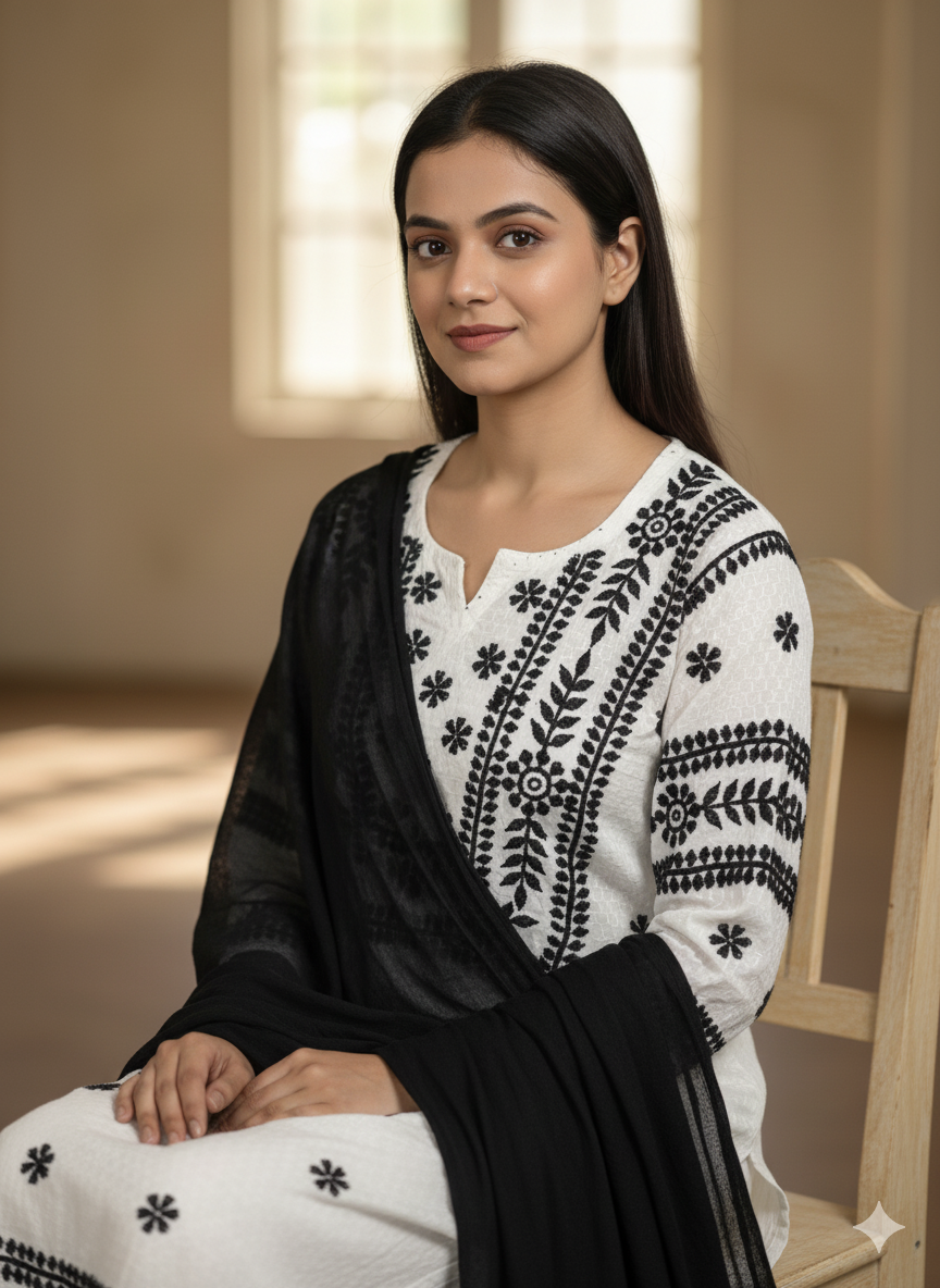 "White Cotton Chikankari Kurti with Black Hand Embroidery | Lucknowi Ethnic Wear for Women"