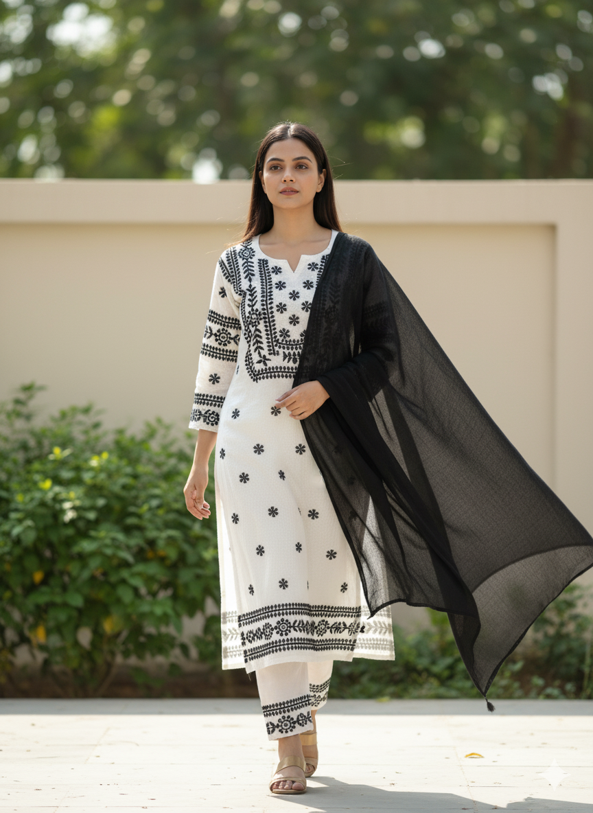 "White Cotton Chikankari Kurti with Black Hand Embroidery | Lucknowi Ethnic Wear for Women"